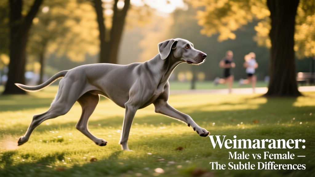 A Weimaraner mid-stride during a brisk walk in a grassy park, showcasing athleticism and elegant gait