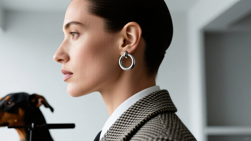 Side profile of a dog show handler in tweed, showcasing a secure 10mm implant-grade titanium huggie hoop on the lower earlobe