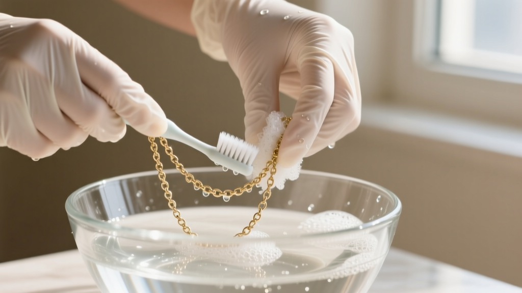 Hands in nitrile gloves gently scrubbing a delicate white gold chain with a soft baby toothbrush in a glass bowl of soapy water.