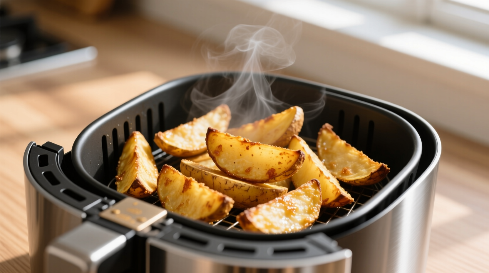 Golden brown potato wedges in air fryer basket