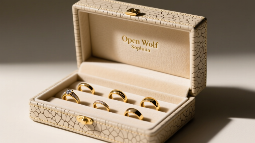 Open Wolf Sophia jewelry box showing textured shagreen exterior, beige LusterLoc velvet interior, and neatly organized gold rings