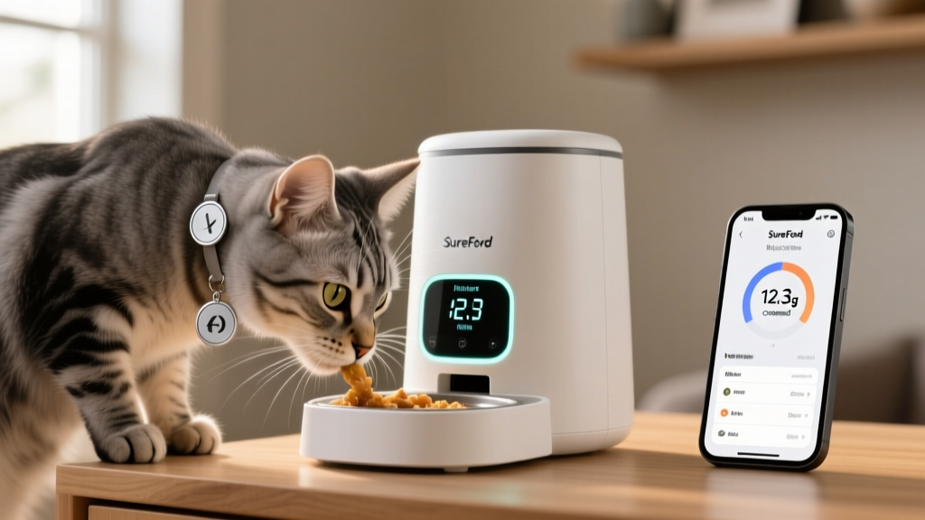 Close-up of a SureFeed Microchip Pet Feeder with a cat wearing an RFID collar tag eating while a phone displays real-time gram consumption