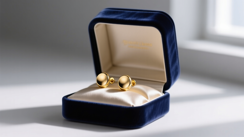 Navy velvet box holding 18k gold stud earrings on silk, soft studio lighting highlighting the metal post and back