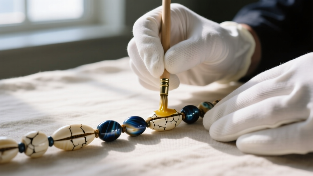 Conservator hands in white cotton gloves applying microcrystalline wax to a fragile, flaking antique wampum shell bead strand.