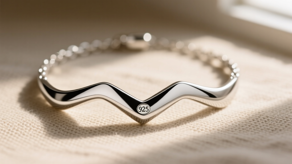 Close-up of a silver W chevron necklace showing a 925 hallmark stamp and high polish finish on a soft neutral linen background.