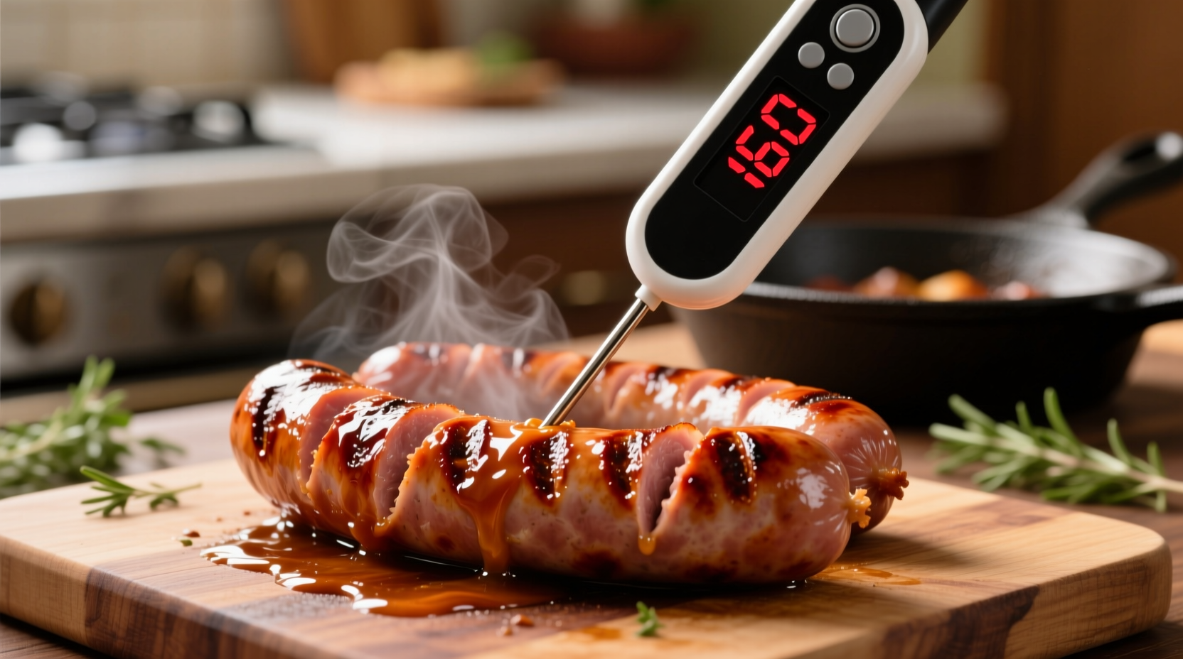 Digital thermometer showing 160 degrees in cooked bratwurst
