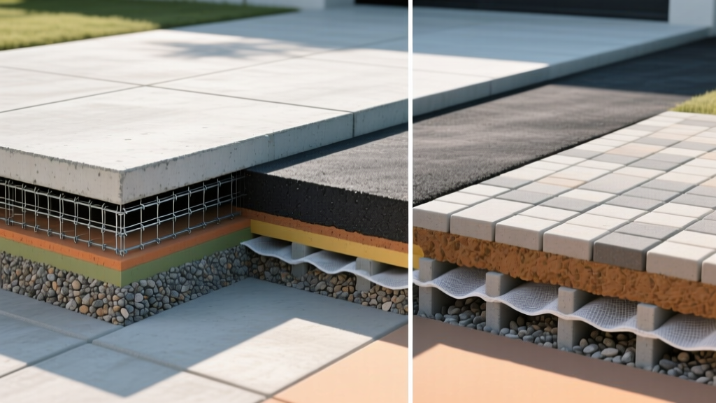 Side-by-side cross-section diagram comparing a reinforced concrete driveway slab with an asphalt driveway and permeable paver base layers