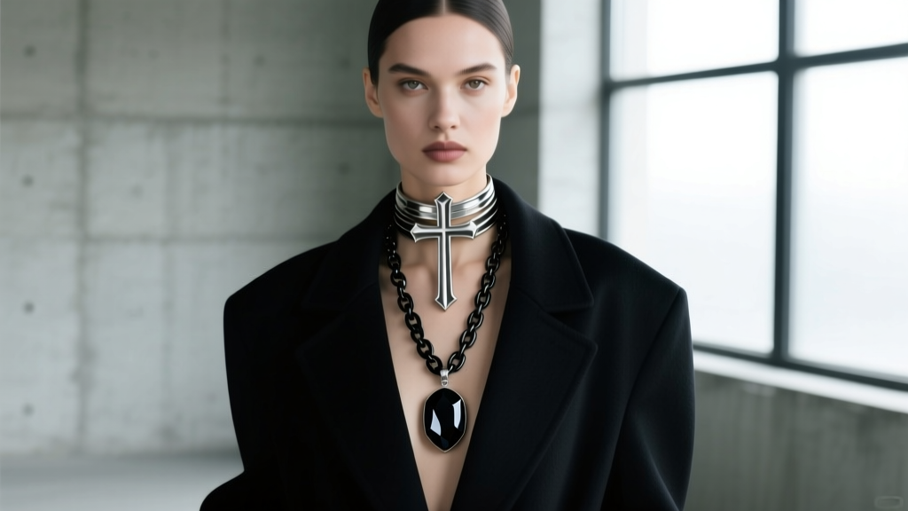 Woman in dark fashion wearing an 18-inch inverted crucifix choker layered with a 24-inch chain and a dark onyx gemstone pendant