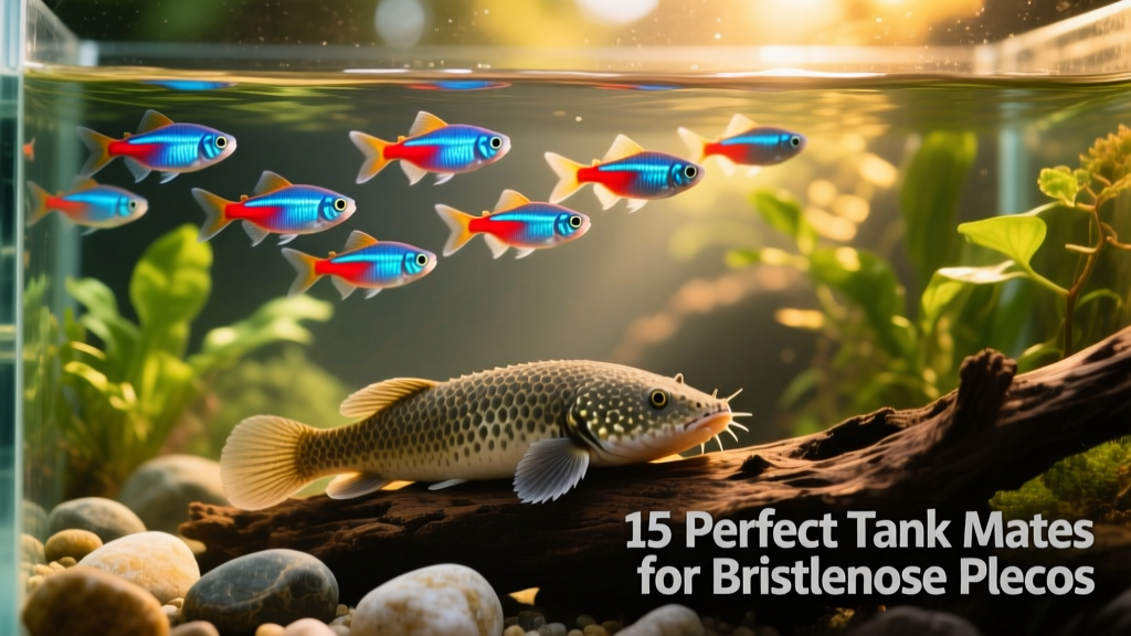 Neon Tetras schooling near the surface while a Bristlenose Pleco rests on a piece of driftwood below