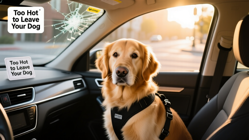 dog in a car wearing harness