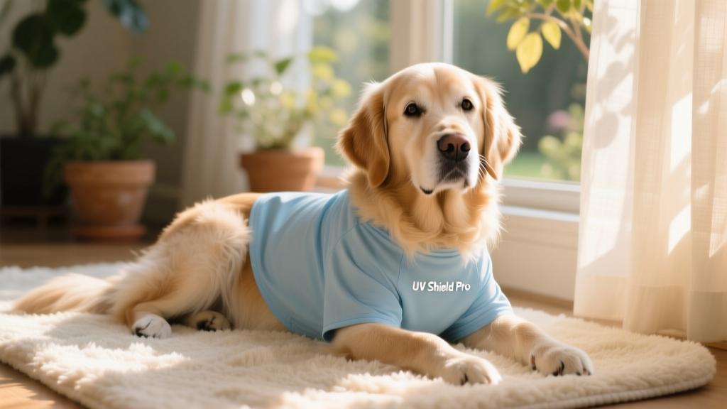 A senior dog resting comfortably on a rug beside a sunlit window, wearing a lightweight UV-protective dog shirt