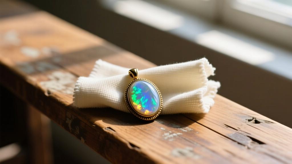 Microfiber cloth wiping a vintage opal pendant on a wooden bench, avoiding harsh chemical jewelry cleaners and soaking in water.