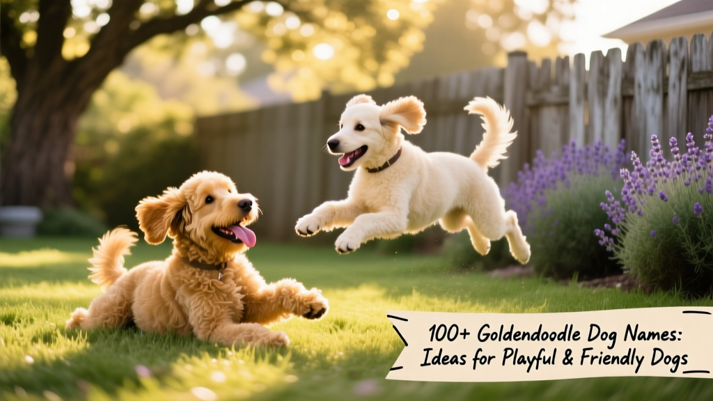 Two Goldendoodles—one golden, one cream—tumbling playfully together in a sun-dappled backyard