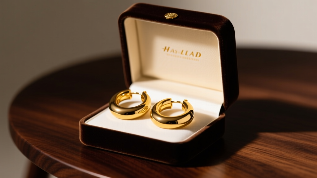 Open velvet box revealing 14k yellow gold large thick hoop earrings, illuminated by soft studio lighting on a dark wood table.