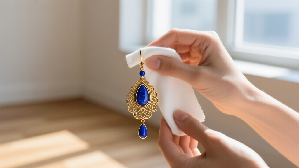 Hands gently wiping a delicate brass and lapis lazuli boho dangle earring with a soft microfiber cloth in bright natural sunlight.