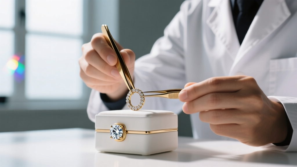 Jeweler using fine brass tweezers to gently adjust the figure-eight safety wire on a diamond-encrusted white gold box clasp.