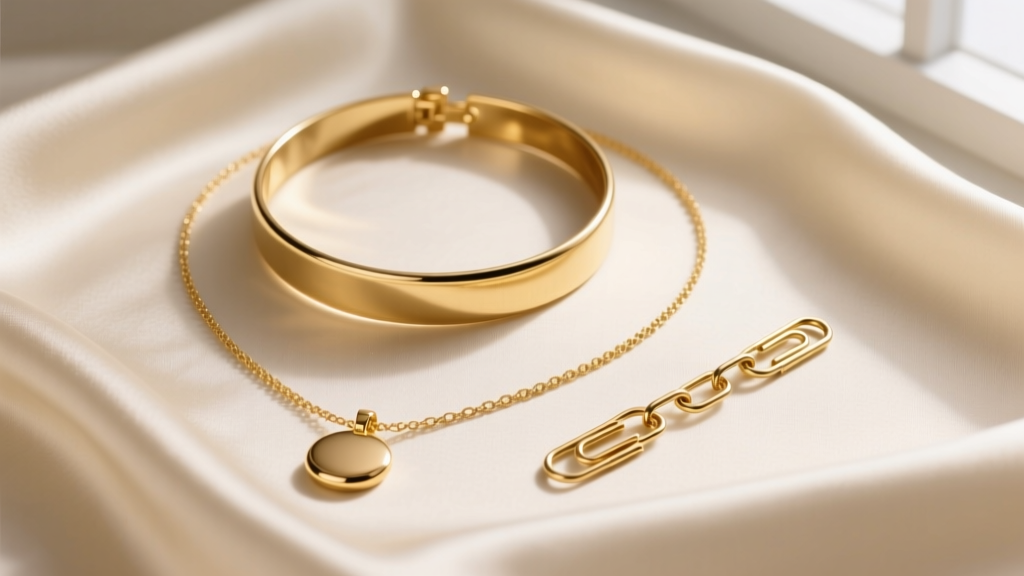 Flat lay of a three-piece gold-filled necklace pack on cream silk, featuring a choker, pendant chain, and paperclip link.
