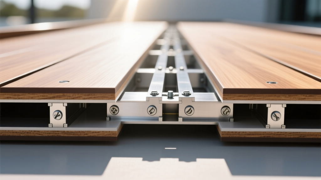 Cross-section of a composite deck showing hidden fasteners and aluminum joists under capped polymer boards in bright sunlight