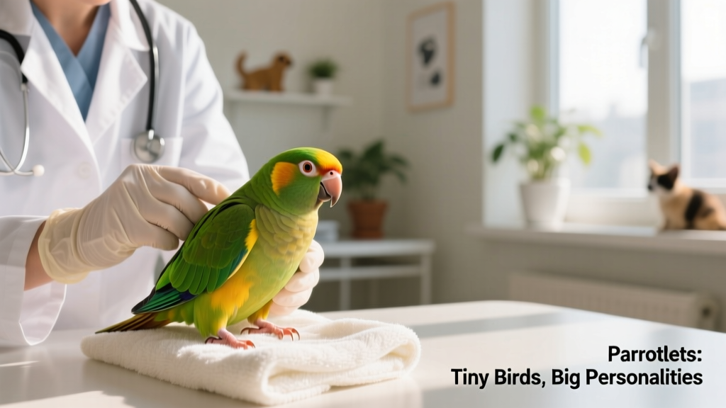 Veterinarian gently examining a parrotlet on a soft towel during a routine wellness checkup