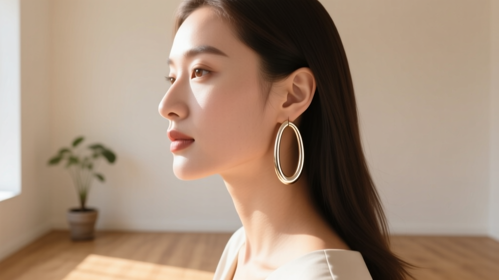 Side-profile lifestyle shot of a woman with a square jawline wearing elongated 60mm oval drop hoop earrings, natural sunlight