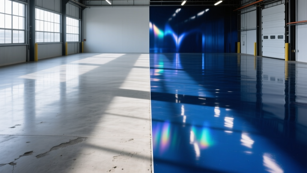 Split commercial warehouse floor showing highly reflective polished concrete on left and glossy metallic epoxy coating on right.