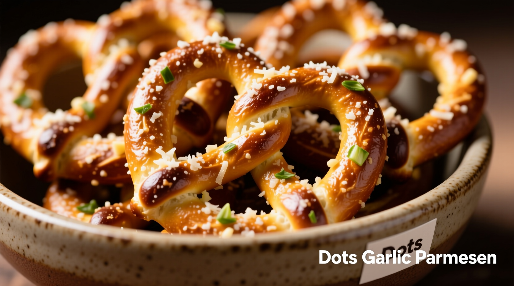 Close-up of Dots Garlic Parmesan Pretzels in a bowl