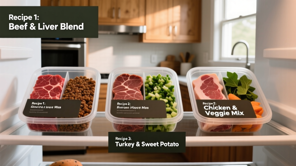 Three labeled, portioned raw dog food containers in the freezer—each with visible texture and color variation from meat, organs, and vegetables
