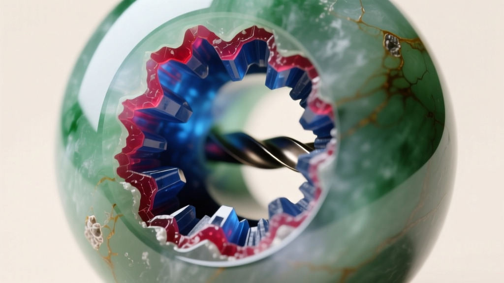 Macro shot of a jade bead drill hole revealing polymer resin and dye concentration, contrasting with natural Type A jadeite texture.