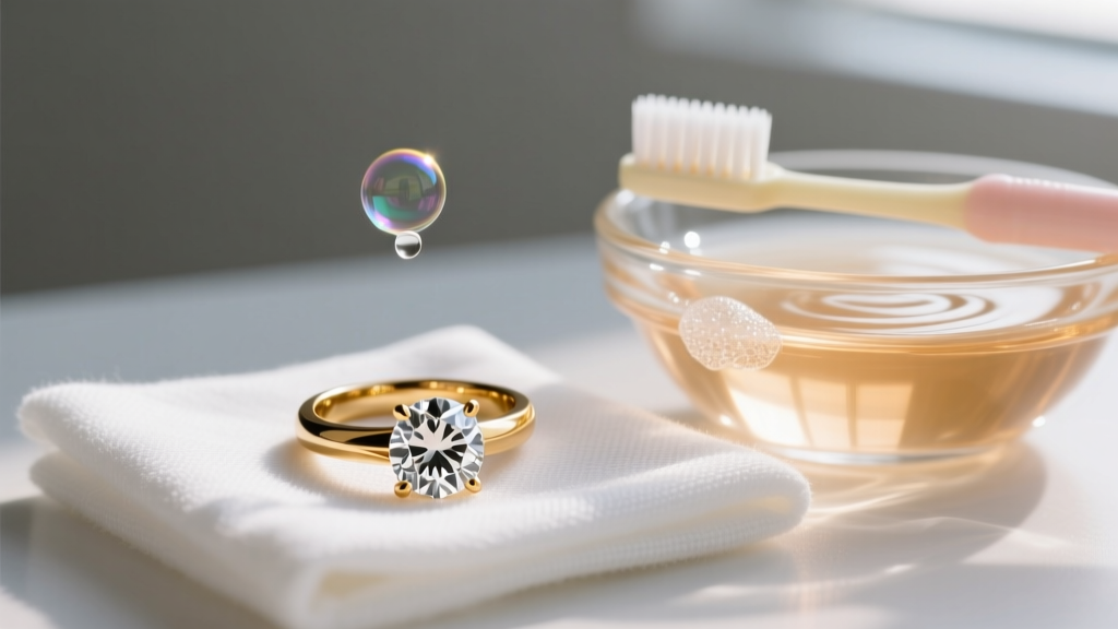 A 10k gold diamond ring resting on a microfiber cloth beside a glass bowl of warm soapy water and a soft baby toothbrush.