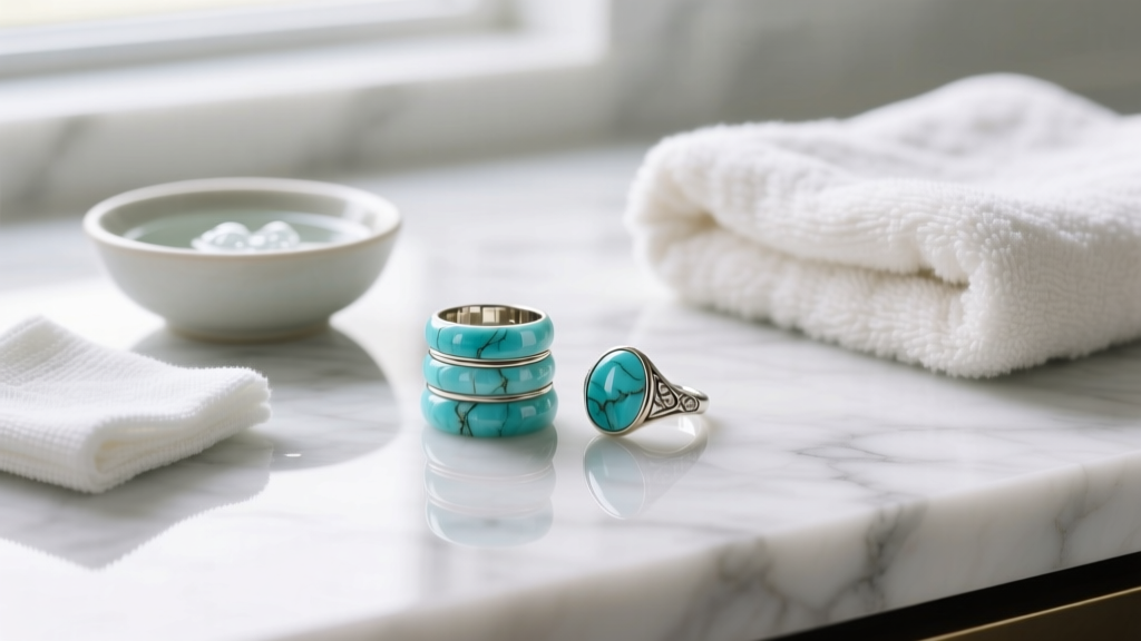 Larimar stacking rings cleaned with microfiber cloth, next to mild soapy water and a soft cotton towel on a marble counter top