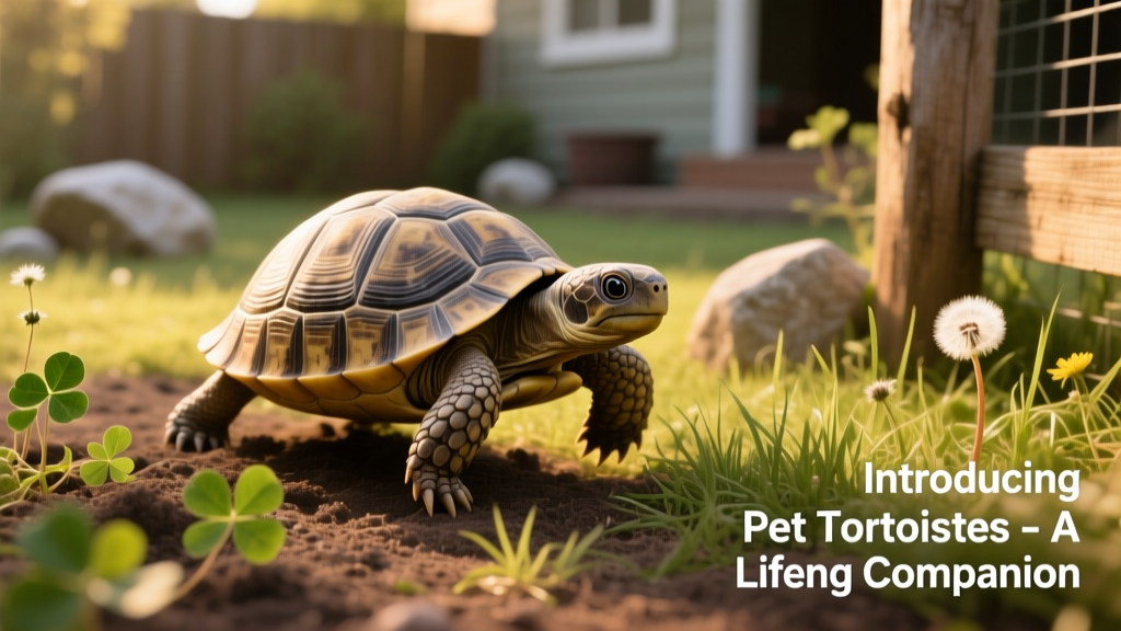 A young tortoise exploring a sunlit grassy enclosure with soft soil and low vegetation