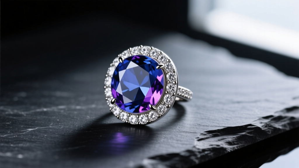Side view of tanzanite and diamond halo pendant on dark slate, emphasizing trichroic color shifts from deep blue to vivid purple