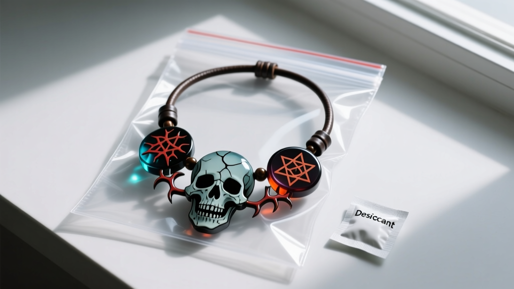 Horror-themed acrylic and leather cord necklace stored inside an anti-tarnish ziplock bag with a small silica gel packet