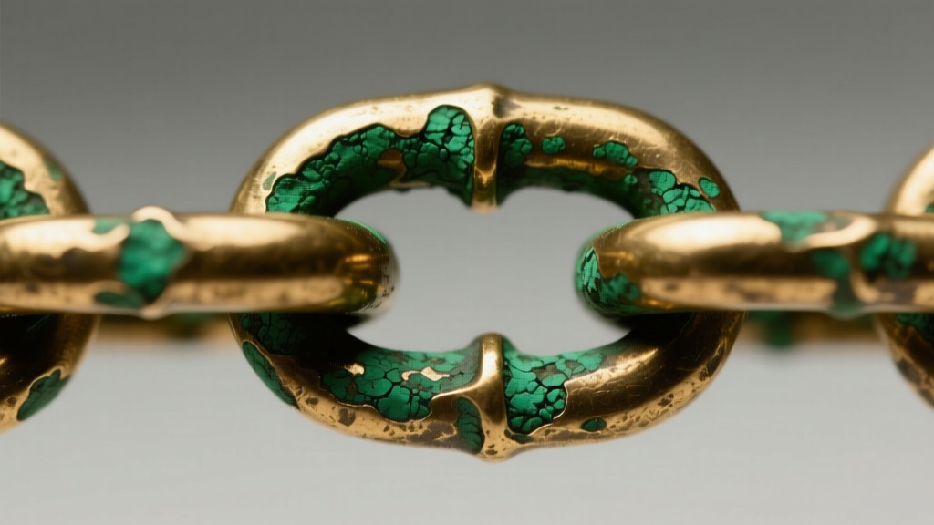 Macro shot of a brass chain link showing early green verdigris patina in crevices under soft, directional studio lighting.