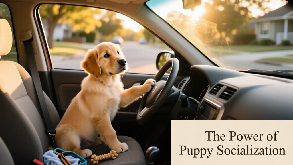 A relaxed puppy sitting calmly inside a car with windows slightly open, looking out curiously