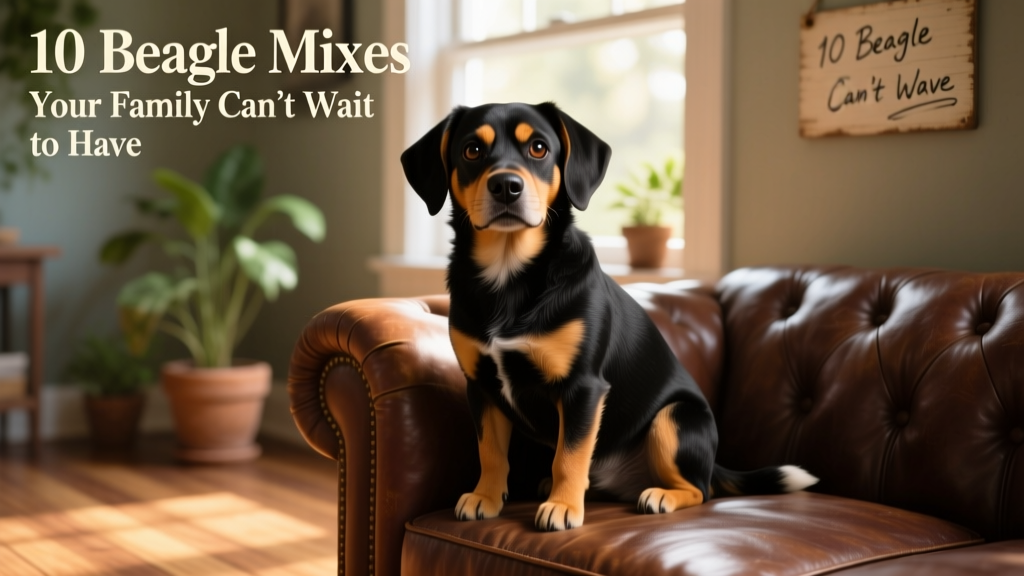 black and tan puggle sitting on a leather couch arm