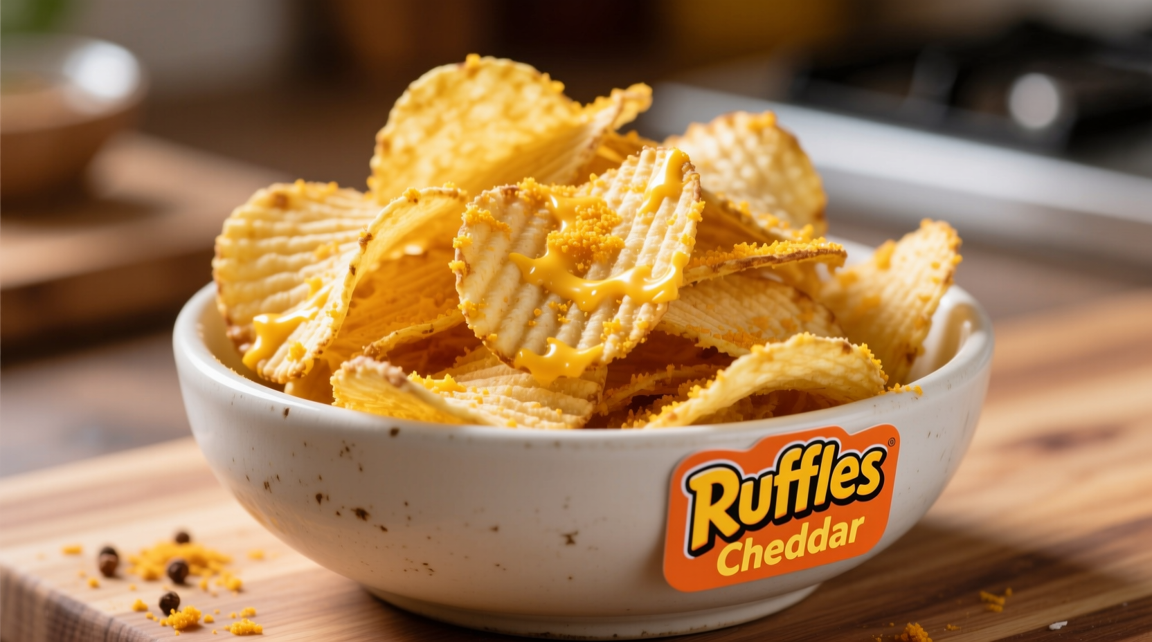 Ruffles Cheddar potato chips in a bowl with cheese seasoning