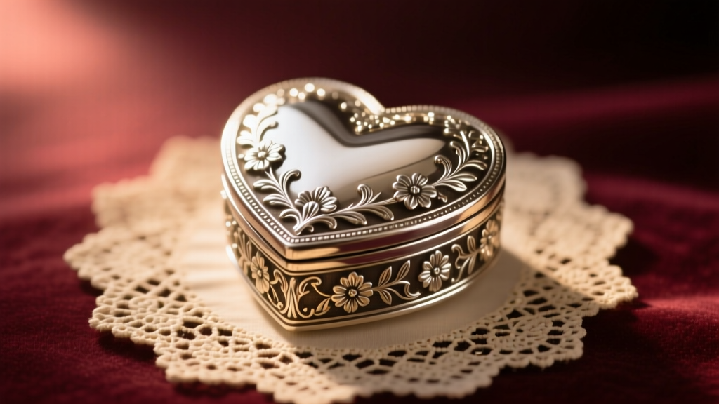 Ornate Victorian silver-overlay vintage heart jewelry box resting on a lace doily, illuminated by soft, warm directional lighting