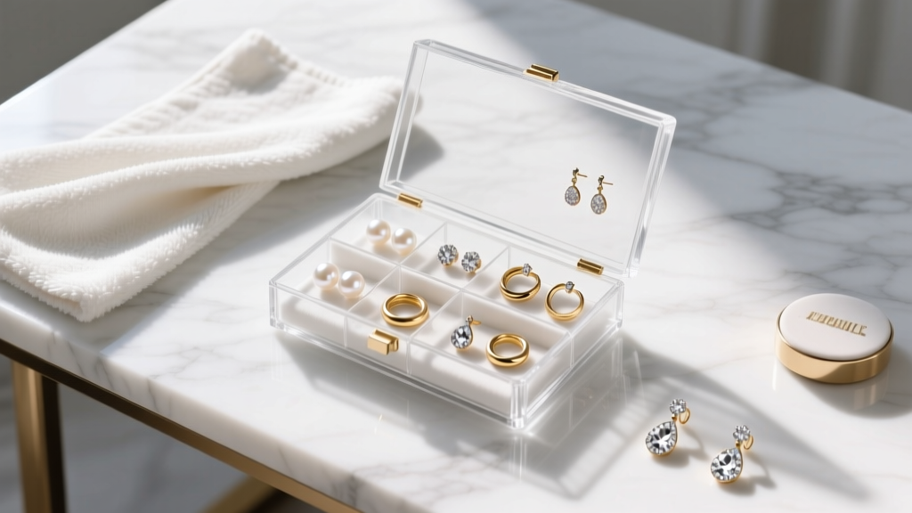 Top-down view of jewelry cleaning supplies, microfiber cloth, and open acrylic earring box organizer on a white marble desk.
