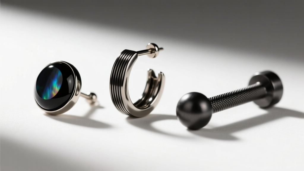Macro shot comparing black earring materials: a glossy onyx stud, a brushed PVD steel hoop, and a dark anodized titanium barbell