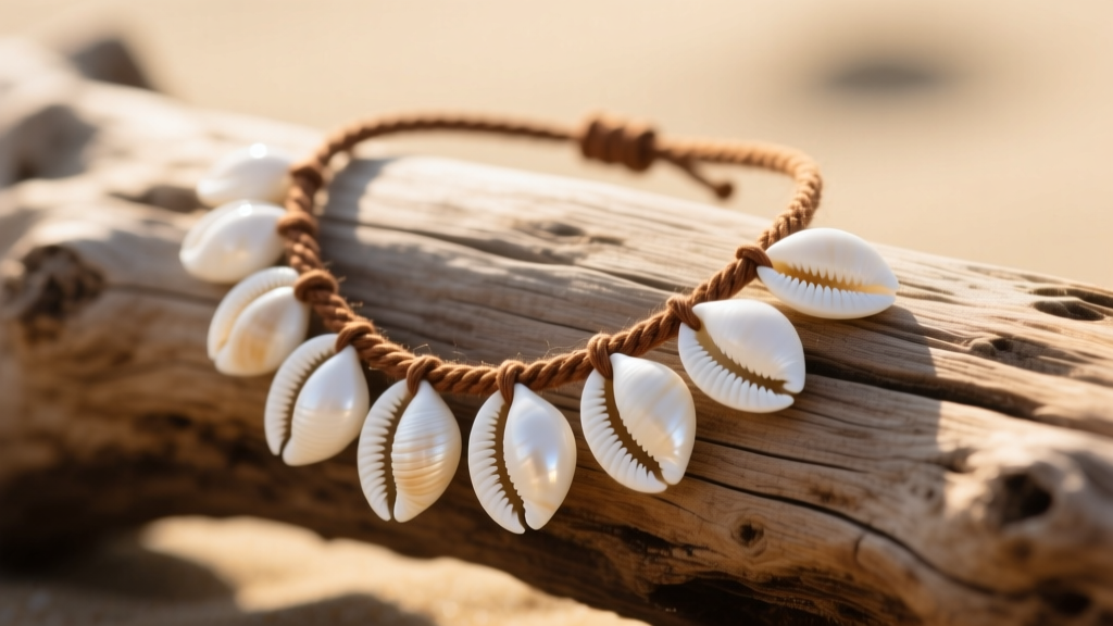 White cowrie shells strung on brown waxed cotton cord, forming a DIY seashell necklace resting on sunlit weathered driftwood.