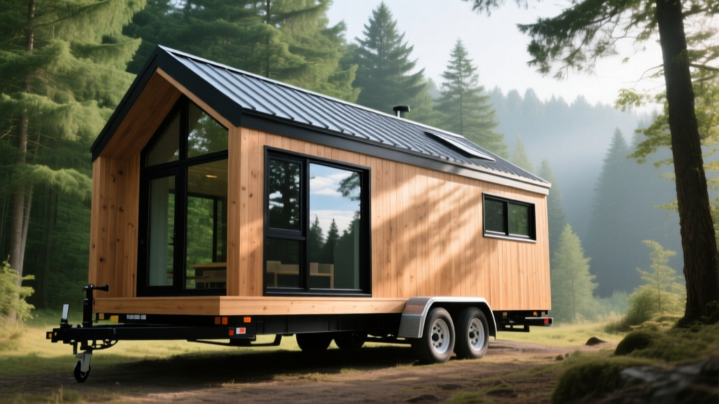Modern cedar-clad tiny home on a heavy-duty trailer chassis parked in a wooded setting with large black-framed windows and a metal roof