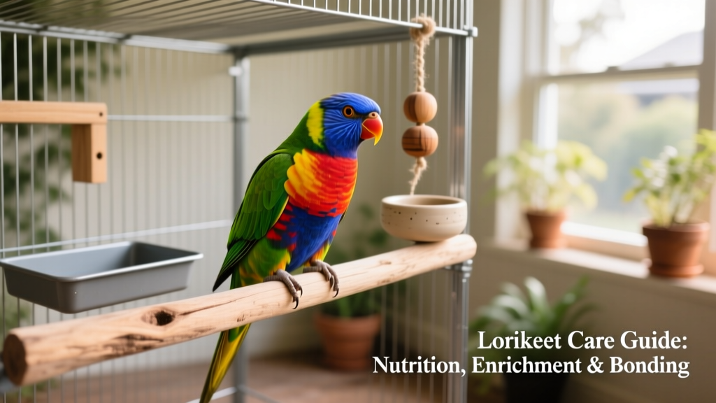A brightly colored rainbow lorikeet perched on a natural wood perch inside a spacious, well-equipped cage