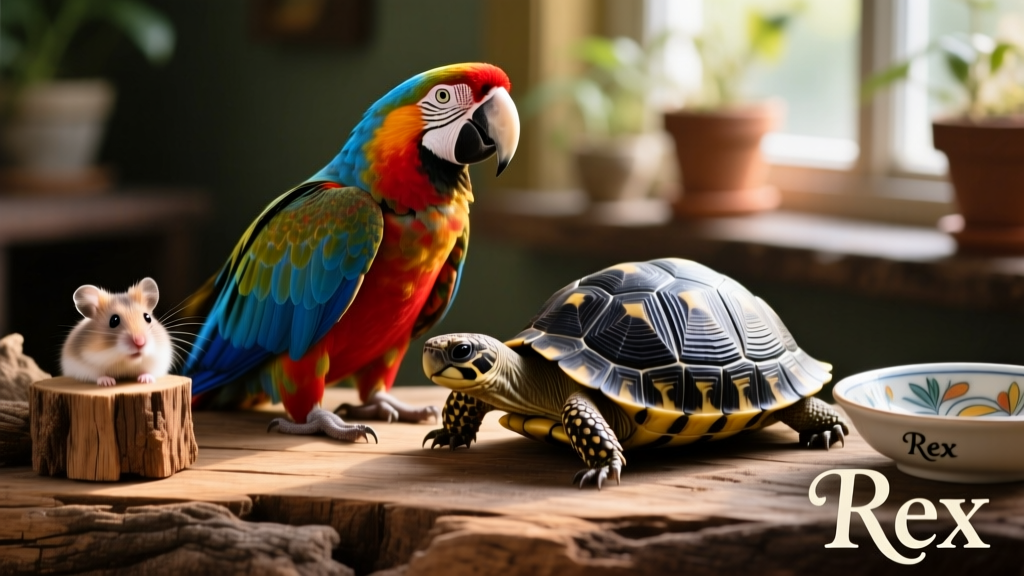 A diverse group of exotic pets—including a colorful parrot, a sleek tortoise, and a curious hamster—arranged together on a natural wood surface