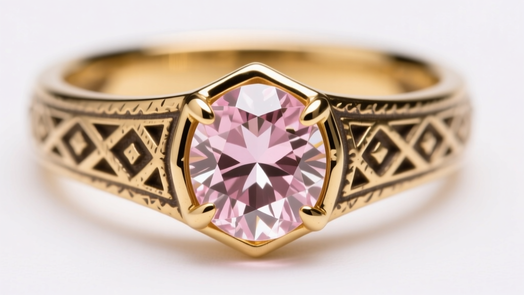 Raw rose diamond in an 18k gold bezel, highlighting rough facets and Carolingian metalwork textures on a heavy, ornate ring band.