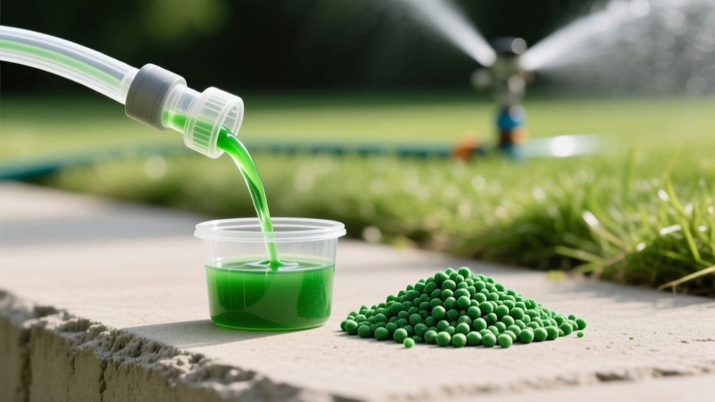 Comparison of green granular fertilizer pellets and liquid concentrate being mixed in a hose-end sprayer for lawn application