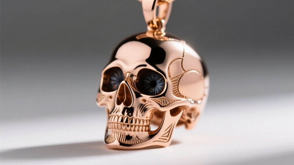 Macro shot of a 14k rose gold skull pendant revealing intricate lost-wax casting details, oxidized eye sockets, and sharp focus.
