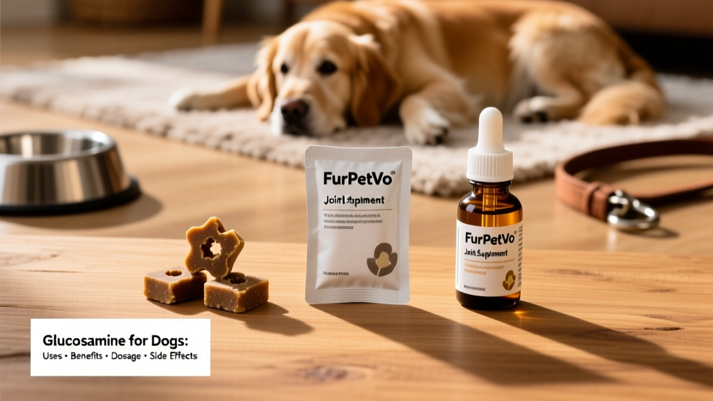 Close-up of three FurPetVo joint supplement options: soft chews, powder packets, and liquid dropper bottle, arranged neatly on a clean wooden surface
