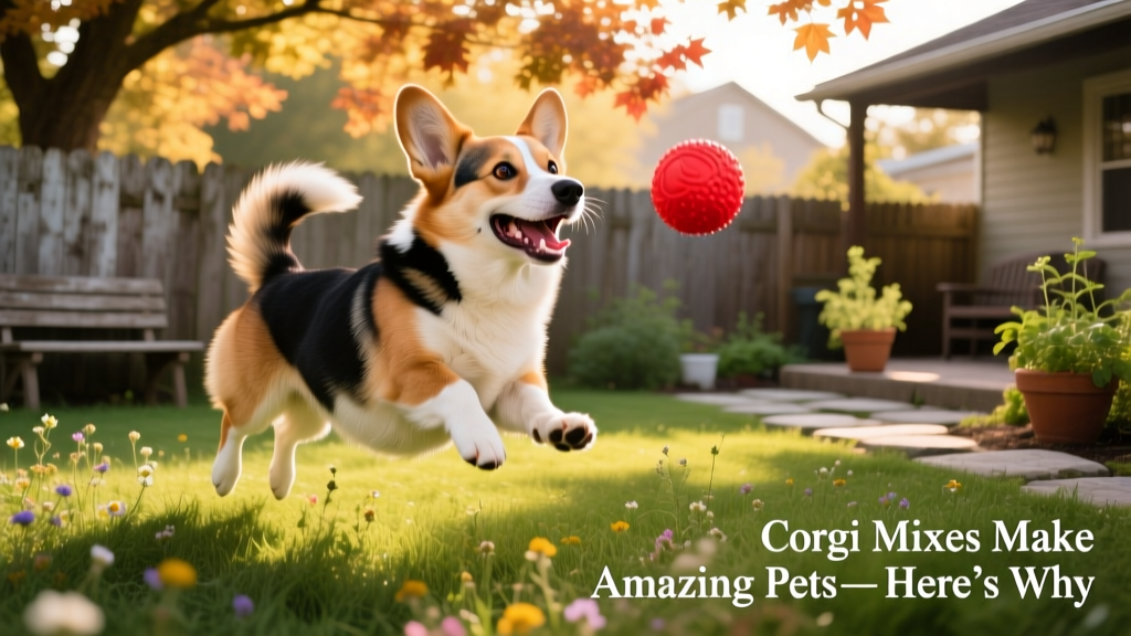 A joyful, energetic Corgi mix playing fetch in a sunlit backyard