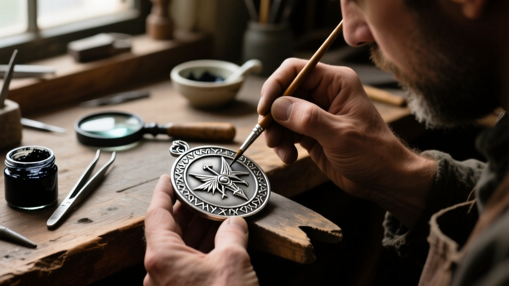 A jeweler applying liver of sulfur patina to a cast silver witcher medallion with a fine brush in a dimly lit workshop
